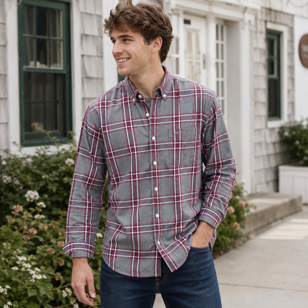 Men's Hollister Gray Red Long Sleeve Plaid Button Up Shirt Small S Cotton Preppy